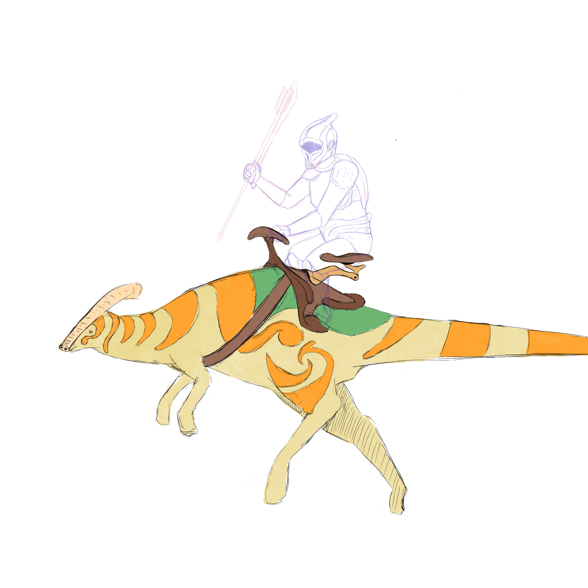 A colour sketch of an armoured figure riding a Parasaur-type creature, wielding an atlatl. The rider has been de-emphasised to focus on the creature and its intricate saddle.